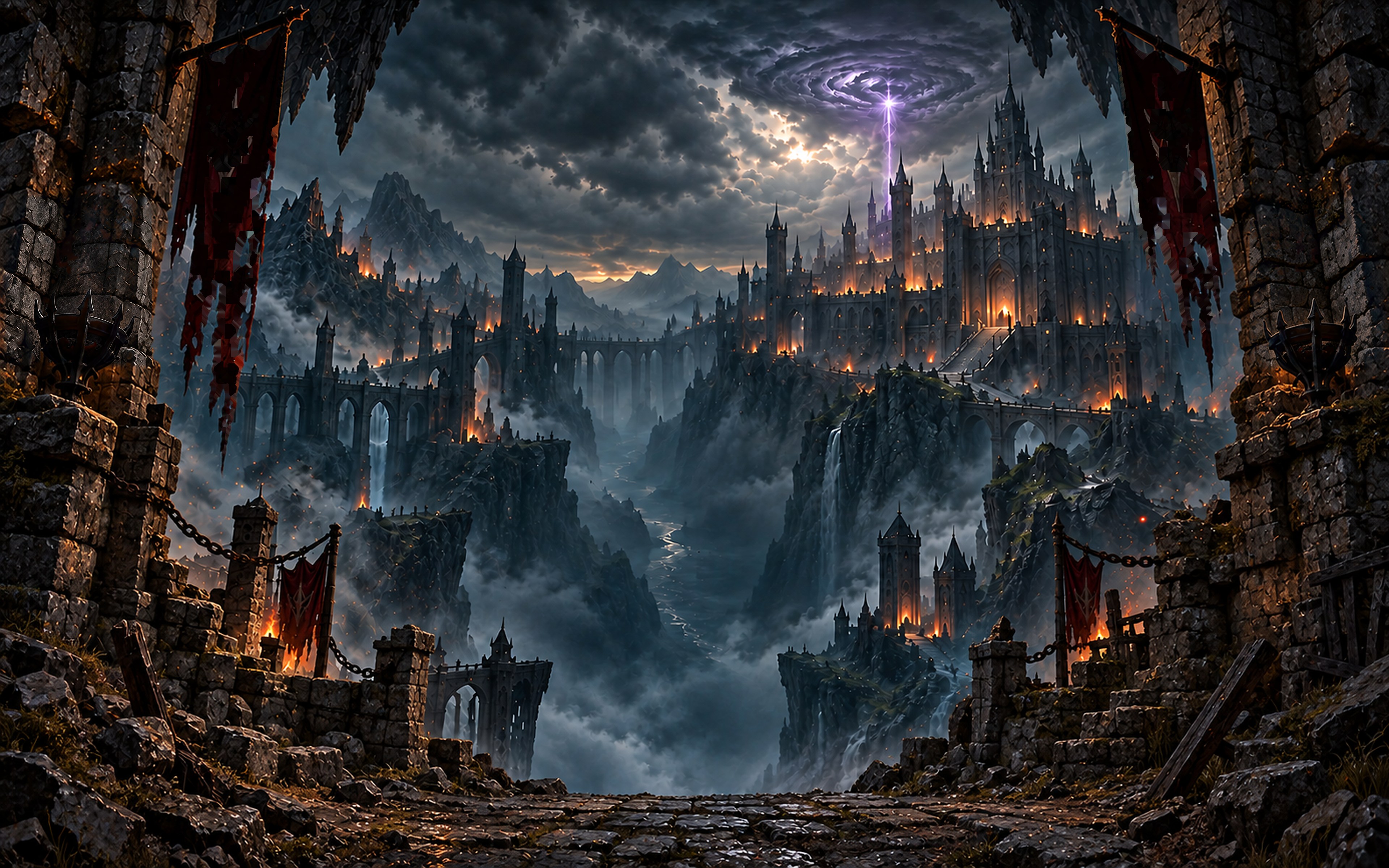 A ruined gate overlooking a burning fortress valley under a violet rift